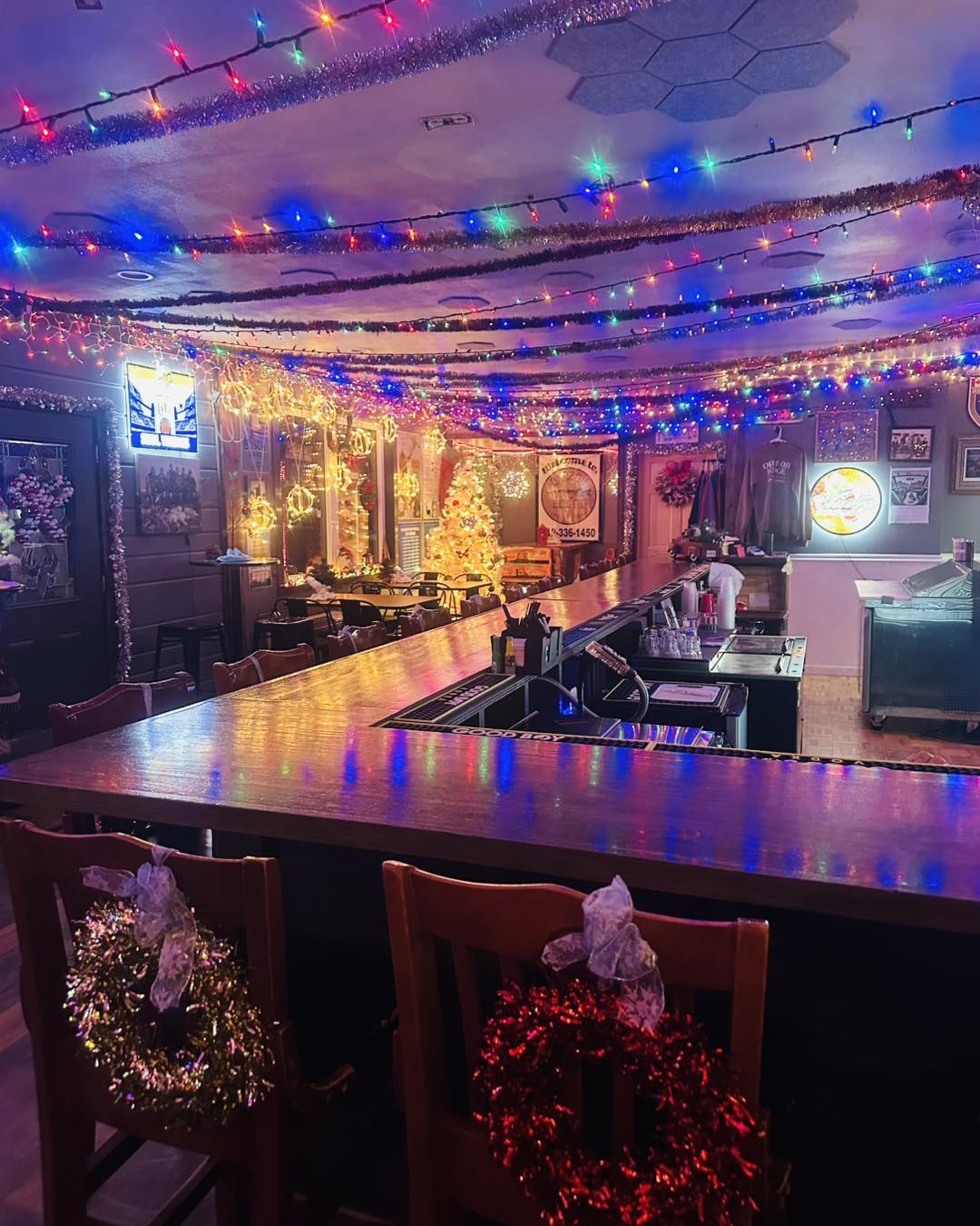 Lunker's Lounge bar interior with holiday lights